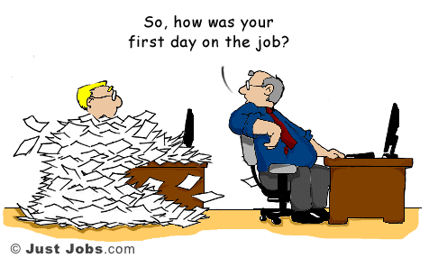 Pile of work first day cartoon
