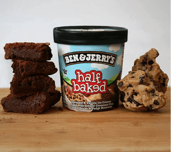 Ben & Jerry's Half Baked ice cream tub with ingredients like brownies and chocolate chip cookie dough