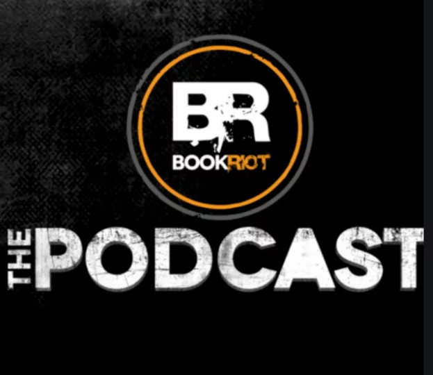 White and orange Book Riot The Podcast logo on black background