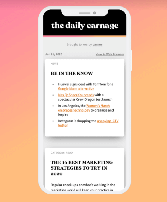 White mobile phone with The Daily Carnage newsletter displayed on the screen