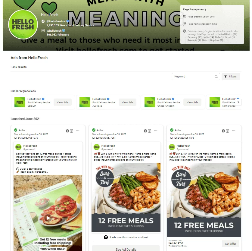 Example of various Facebook ads from HelloFresh in the Facebook Ad Library