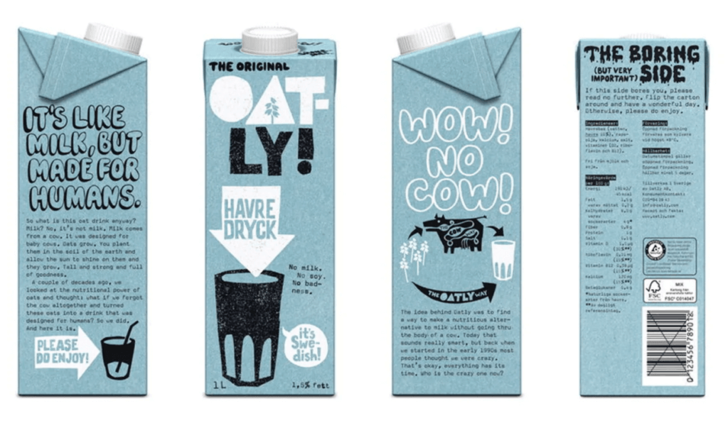 Four angles of Oatly's light blue oat milk carton with product information written in Oatly's brand voice