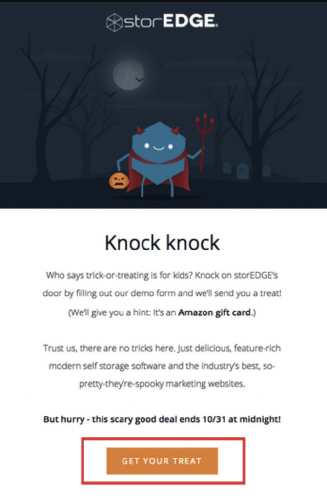 An example of wishpond’s bonus entry feature on storedge’s newsletter, with a Halloween twist and a compelling CTA for their holiday giveaway