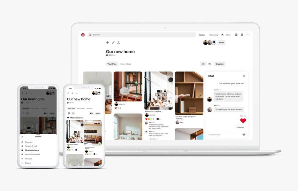 Pinterest home page view on computer and phone mockups